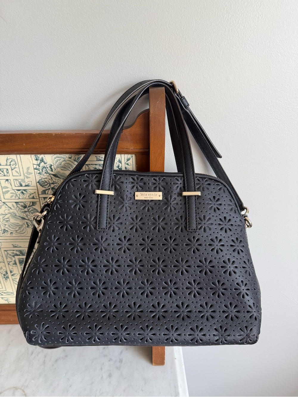 kate spade Black Laser-Cut Floral Dome Satchel with Gold Hardware